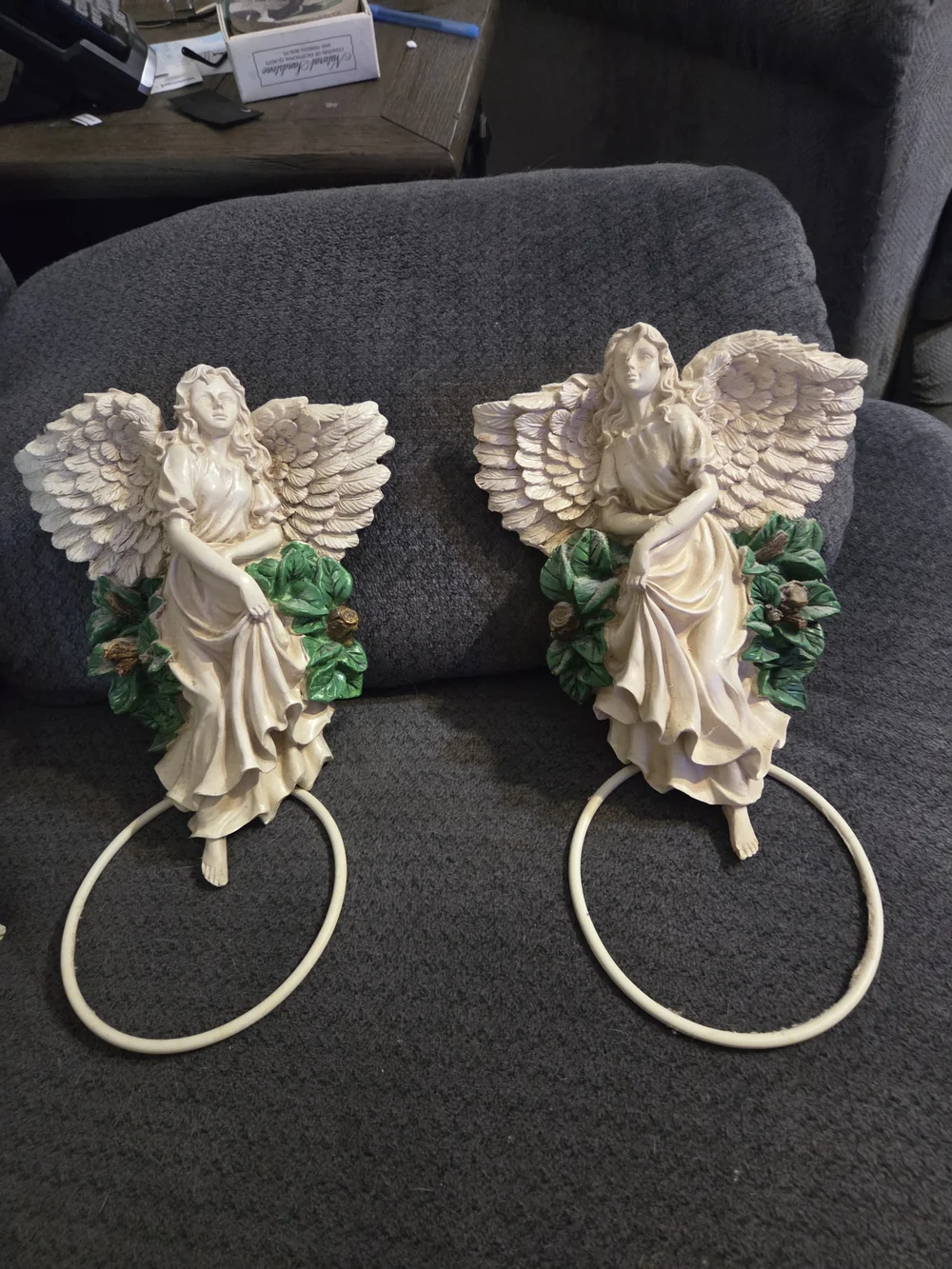 Pair of Cream Angel Wall Hangings with Green Floral Accents Towel Hangers